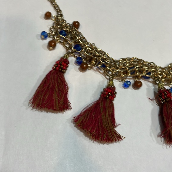 World Market tassels, beads necklace multi-color rust, blues, reds, gold metal - Picture 3 of 9